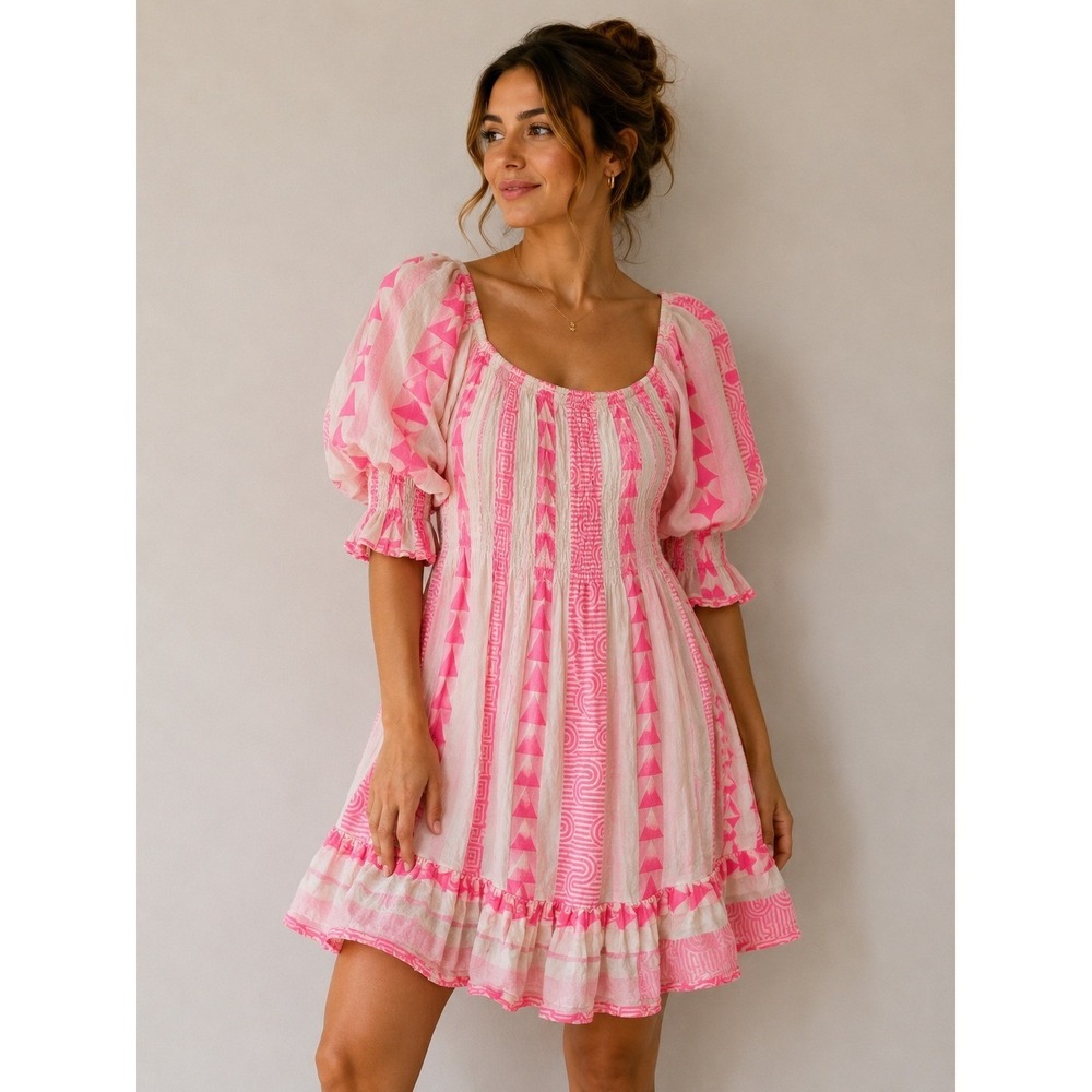 Meo Meli Italy Smocked Puff Sleeve Mini Dress Preppy Coquette Cottagecore Girly